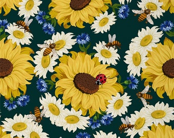 Sunflower Polyester Fabric by The Yard, Rustic Flower Daisy Fabric for Upholstery, Watercolor Garden Bee Ladybug Sewing Fabric, Handmade