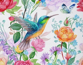 Hummingbird Polyester Fabric for Upholstery, Spring Tropical Birds Floral Fabric by The Yard, Watercolor Blooming Flowers Fabric, Handmade