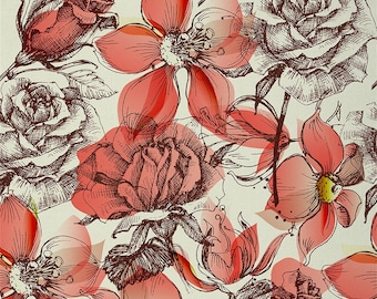 Rode bloemen polyester stof op maat gesneden, artistieke handgetekende bloemenstof voor doe-het-zelf projecten, tuin botanische bloemblaadjes naaistof, handgemaakt