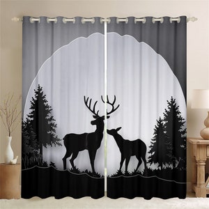 Deer Silhouette Animal Window Drapes, Pine Jungle Plant Window Curtains, Merry Christmas Grey Black Curtain Set, Handmade