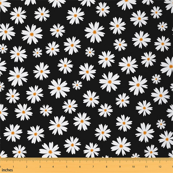 Cartoon Daisy Handmade Fabric by The Yard, Cute Flower Polyester Fabric, Botanical Floral Fabric for DIY Project and Upholstery, Black White