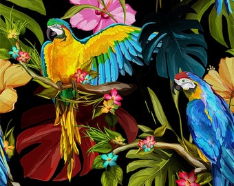 Tissu avec oiseaux tropicaux par mètre, tissu en polyester, perroquets de la jungle, feuilles de palmier, tissu fleurs aquarelles pour le rembourrage et la couture, fait main