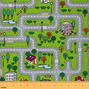 City Roadway Fabric by The Yard, Car Race Truck Green Fabric for Sofa Upholstery, Hand-Drawn Style Suburb Polyester Fabric, Handmade