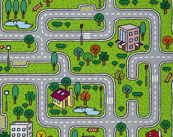 City Roadway Fabric by The Yard, Car Race Truck Green Fabric for Sofa Upholstery, Hand-Drawn Style Suburb Polyester Fabric, Handmade