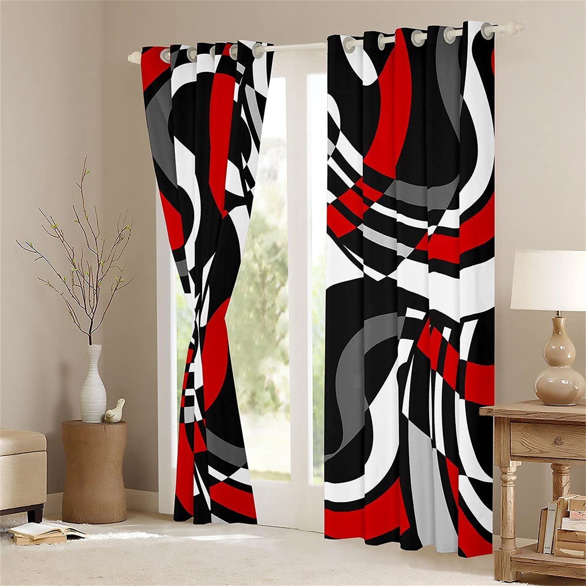  MESHELLY Red Black Grey Geometric Kitchen Curtains