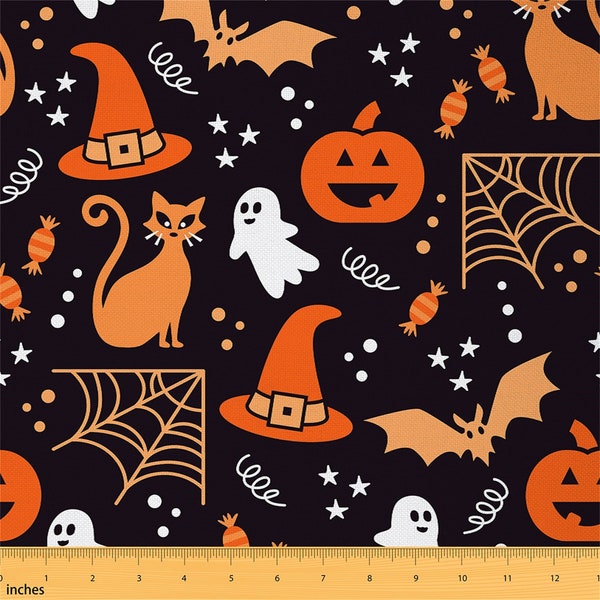 Tissu polyester citrouille d'Halloween par mètre, tissu psychédélique chauve-souris chat fantôme à coudre, tissu étoilé orange noir, fait main