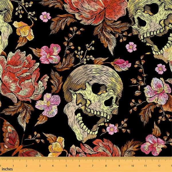 Retro Skull Polyester Fabric by The Yard, Rustic Flower Botanical Sewing Fabric, Psychedelic Skeleton Gothic Fabric for Upholstery, Handmade