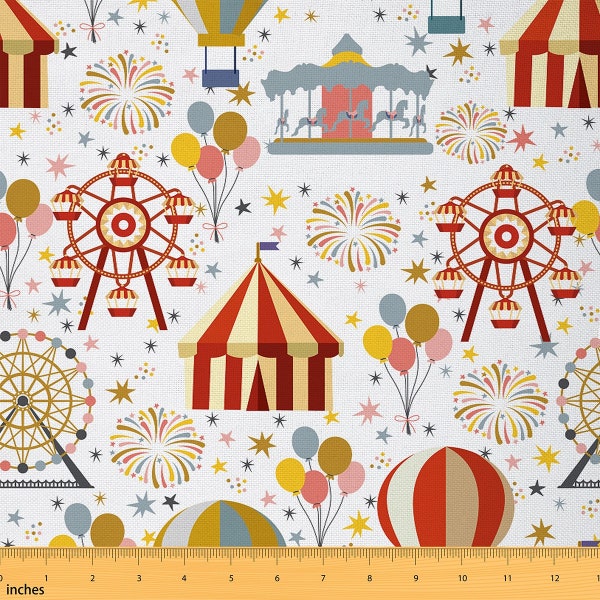 Amusement Park Fabric by The Yard, Kids Circus White/Yellow Sewing Fabric, Dreamy Carousel Ferris Wheel Graffiti Polyester Fabric, Handmade