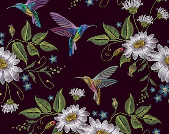 Hummingbird Polyester Fabric by The Yard, Botanical Daisy Flowers Plants Fabric for Upholstery, Rustic Nature Animal Bird Fabric, Handmade