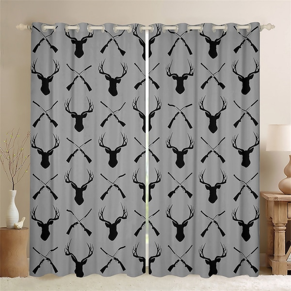 Hunting Handmade Geometric Window Drapes, Deer Antler Skull Jungle Hunt Curtains, Black Gray Animal Silhouette Window Curtain Set