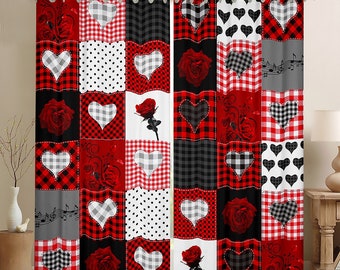 Rideaux de fenêtre pour couples Saint-Valentin, rideaux de fenêtre fleurs roses rouges coeurs d'amour, ensemble de rideau d'épissage romantique à carreaux rouges et noirs, fait main