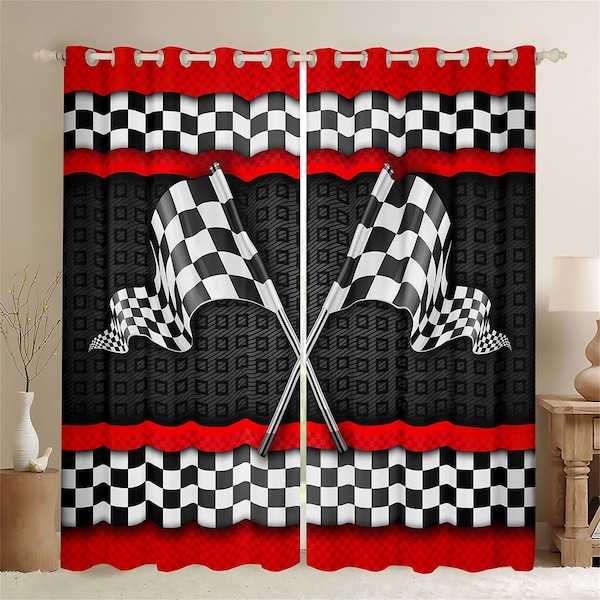 Race Car Themed Curtain Set, Black White Checkered Flag Print Window Drapes, Red Stripes Geometric Grid Plaid Window Curtains, Handmade