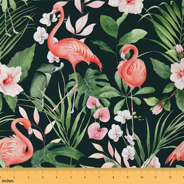 Flamingo Polyester Stoff Meterware, Tropische Palmenblätter Rosa Blumen Nähe Stoff, Dschungel Botanischer Stoff für Polster, handgemacht