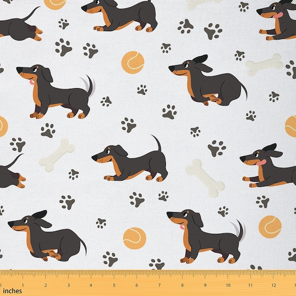 Cartoon Dachshund Fabric by The Yard, Lovely Animal Pet Dog Fabric for Upholstery, Puppy Bone Tennis Paw Print Fabric for Sewing, Handmade