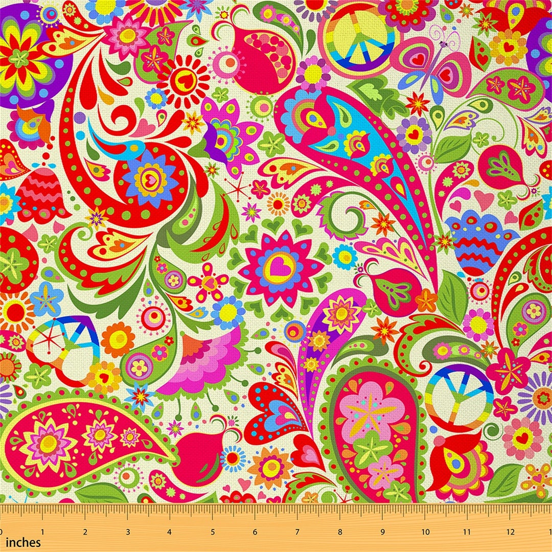 Bohemian Paisley Fabric by the Yard, Colorful Flowers Polyester Fabric