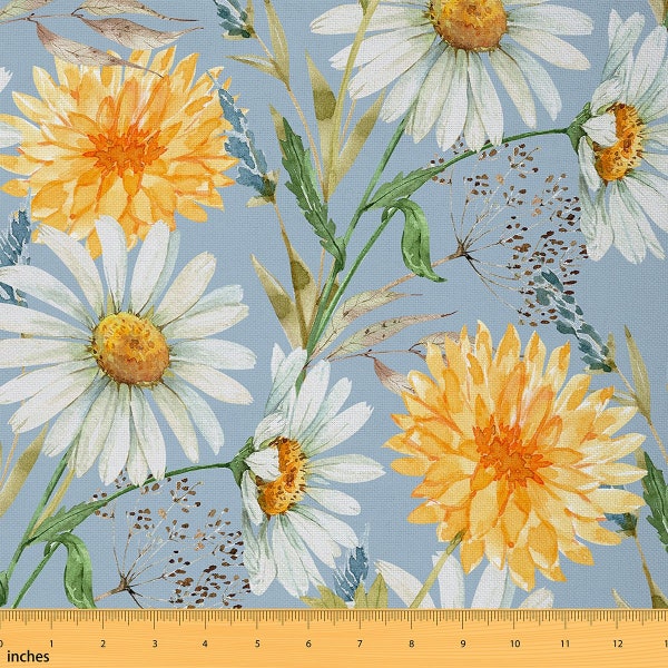 Daisy Fabric by The Yard, Rustic Flowers Watercolor Polyester Fabric, Nature Botanical Plants Fabric for Sewing and Upholstery, Handmade