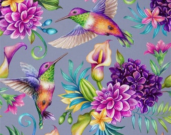 Tessuto in poliestere colibrì tagliato su misura, tessuto floreale rustico di uccelli tropicali per tappezzeria, tessuto per esterni con fiori ad acquerello, fatto a mano