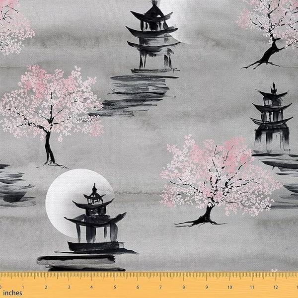 Tissu en polyester de style japonais par mètre, tissu exotique de fleurs de cerisier roses pour le rembourrage, tissu de couture Sakura pagode orientale, fait main