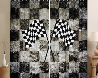 Racing Checker Flagge Fenster Vorhänge, Sport Auto Wettbewerb Flaggen Graffiti Vorhang Set, Retro Schwarz Weiß Plaids Grids Fenstervorhänge, handgemacht