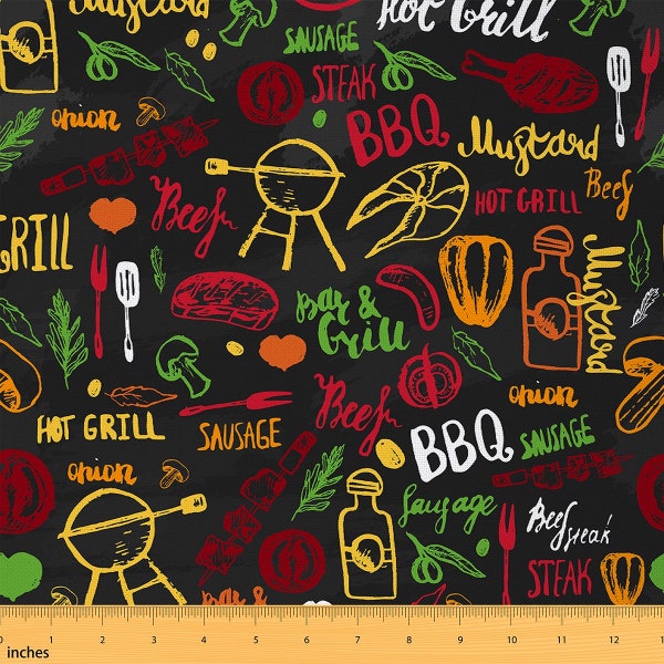 BBQ Food Polyester Fabric by The Yard, Red Yellow Green Food Fabric for Upholstery, Barbecue Vegetable Meat Graffiti Fabric, Handmade