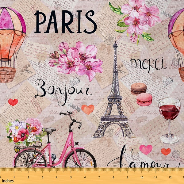 Tissu Paris romantique par mètre, tissu d'ameublement imprimé vélo rétro tour Eiffel, tissu fleurs aquarelle pour projets de bricolage, fait main