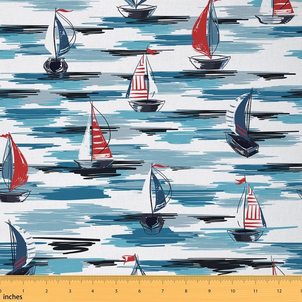 Nautical Sailboat Handmade Fabric by The Yard, Ocean Adventure Navigation Polyester Fabric, Watercolor Blue Sea Waves Paint Fabric