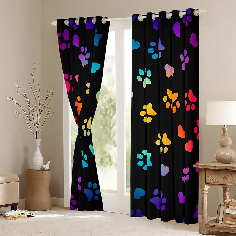 Dog Paw Print Window Curtains Neon Rainbow Animal Footprint Etsy