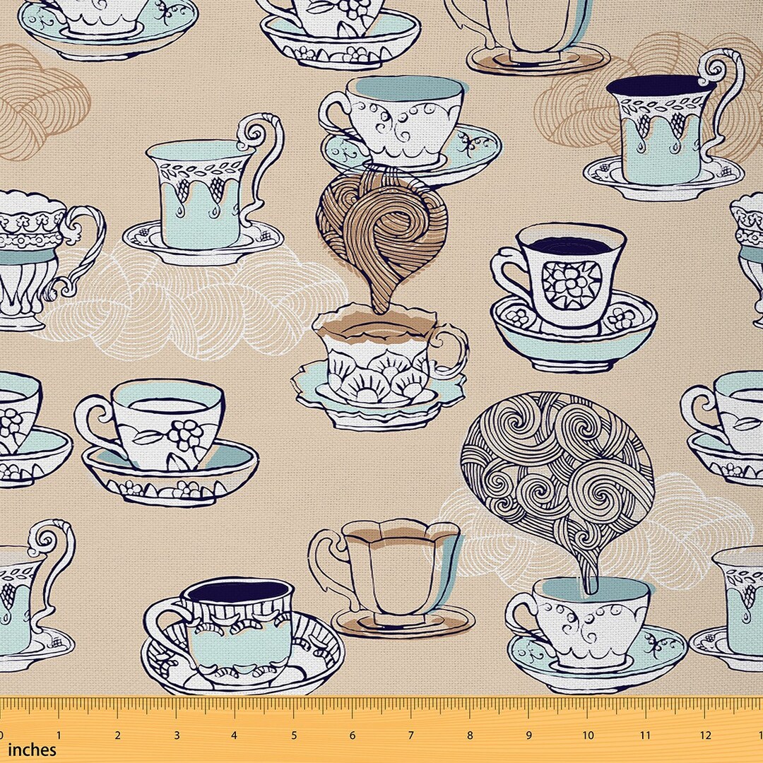 Afternoon Tea Polyester Fabric by the Yard, Coffee Milk Tea Graffiti ...