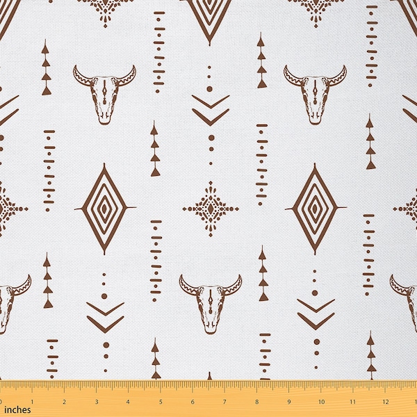 Bull Skull Fabric by The Yard, Retro Western Ethnic Tribal Polyester Fabric, Boho Arrow Brown/White Fabric for Upholstery, Handmade