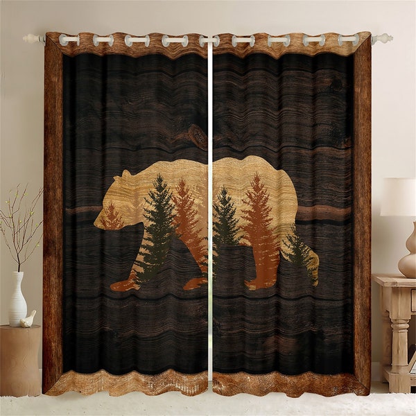 Bear Silhouette Handmade Curtains, Rustic Wooden Window Curtain, Country Style Window Treatment, Wild Animals Window Drapes
