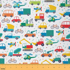 Cartoon Cars Kids Fabric by The Yard, Cute Train Truck Excavator Bike Airplane Fabric, Colorful Vehicles Starry Polyester Fabric, Handmade