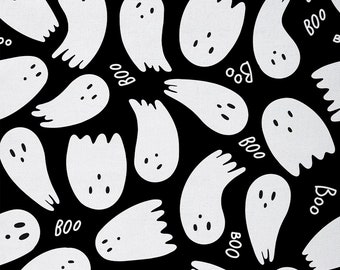 Tela de poliéster fantasma de dibujos animados cortada a medida, tela feliz Halloween para tapicería y costura, tela de silueta de fantasmas blancos negros, hecho a mano