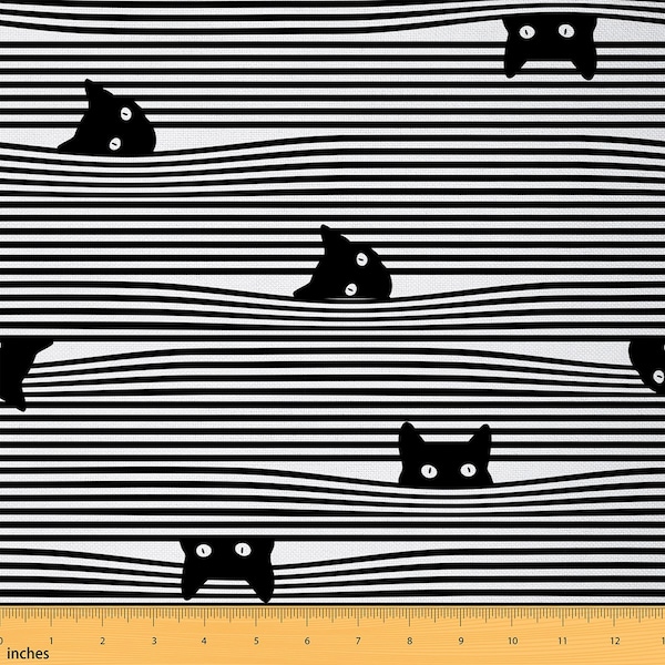 Black Cat Fabric by The Yard, Cartoon Lovely Animal Pet Fabric for Upholstery, Black White Stripes Print Polyester Fabric, Handmade