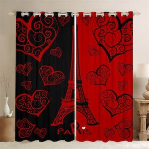 Eiffel Tower Handmade Window Curtains, Loving Heart Romantic Couple Window Drapes, Paris Building Red Black Vintage Curtain