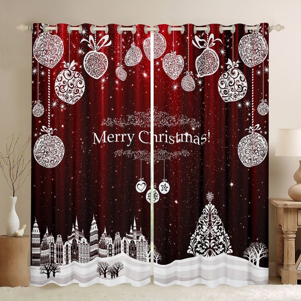 Merry Christmas Window Curtain Set, Xmas Twinkle Bell Pine Tree Snowy House Window Drapes, Artistic Red Shining Glitter Curtains, Handmade