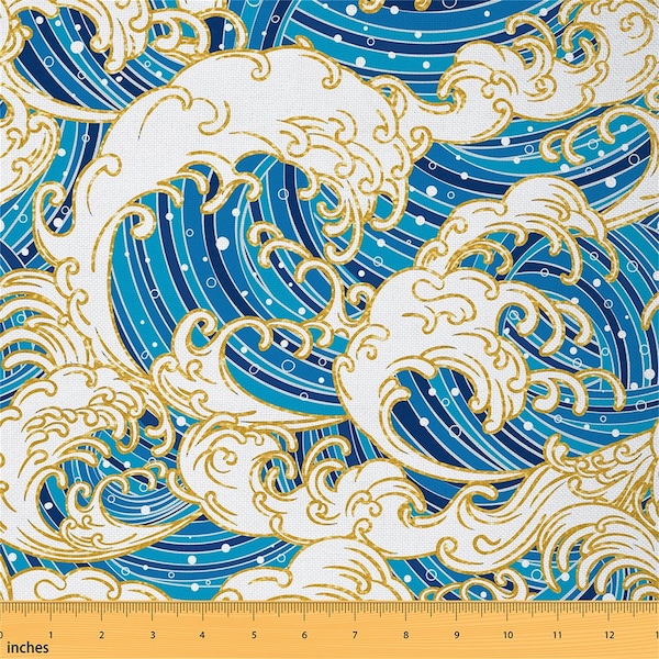 Tissu de vague de mer de dessin animé par cour, tissu Ukiyoe de style japonais pour le rembourrage, tissu polyester Ocean Blue Golden Glitter Line, fait à la main
