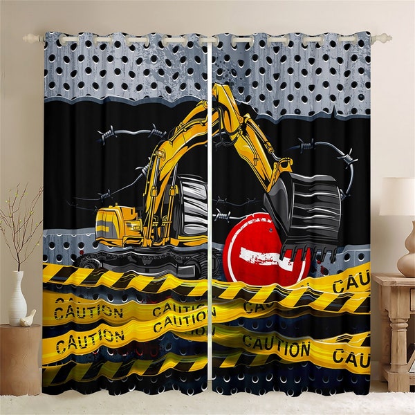 Yellow Excavator Window Curtains, Construction Vehicles Truck Window Drapes, Cartoon Car 3D Geometric Stripe Print Curtain Set, Handmade