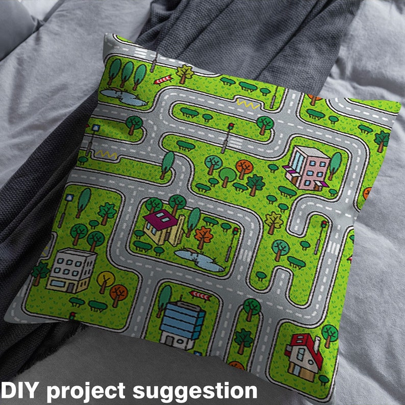 City Roadway Fabric by The Yard, Car Race Truck Green Fabric for Sofa Upholstery, Hand-Drawn Style Suburb Polyester Fabric, Handmade image 3