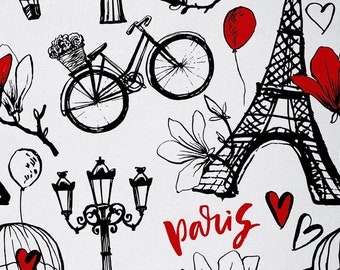Romantische Parijs-stof op maat gesneden, Retro Bike Eiffeltoren Graffiti-stof voor bekleding, Rode liefdeshartballon polyester stof, handgemaakt