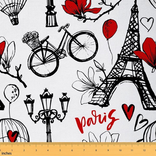 Romantic Paris Fabric by The Yard, Retro Bike Eiffel Tower Graffiti Fabric for Upholstery, Red Love Heart Balloon Polyester Fabric, Handmade