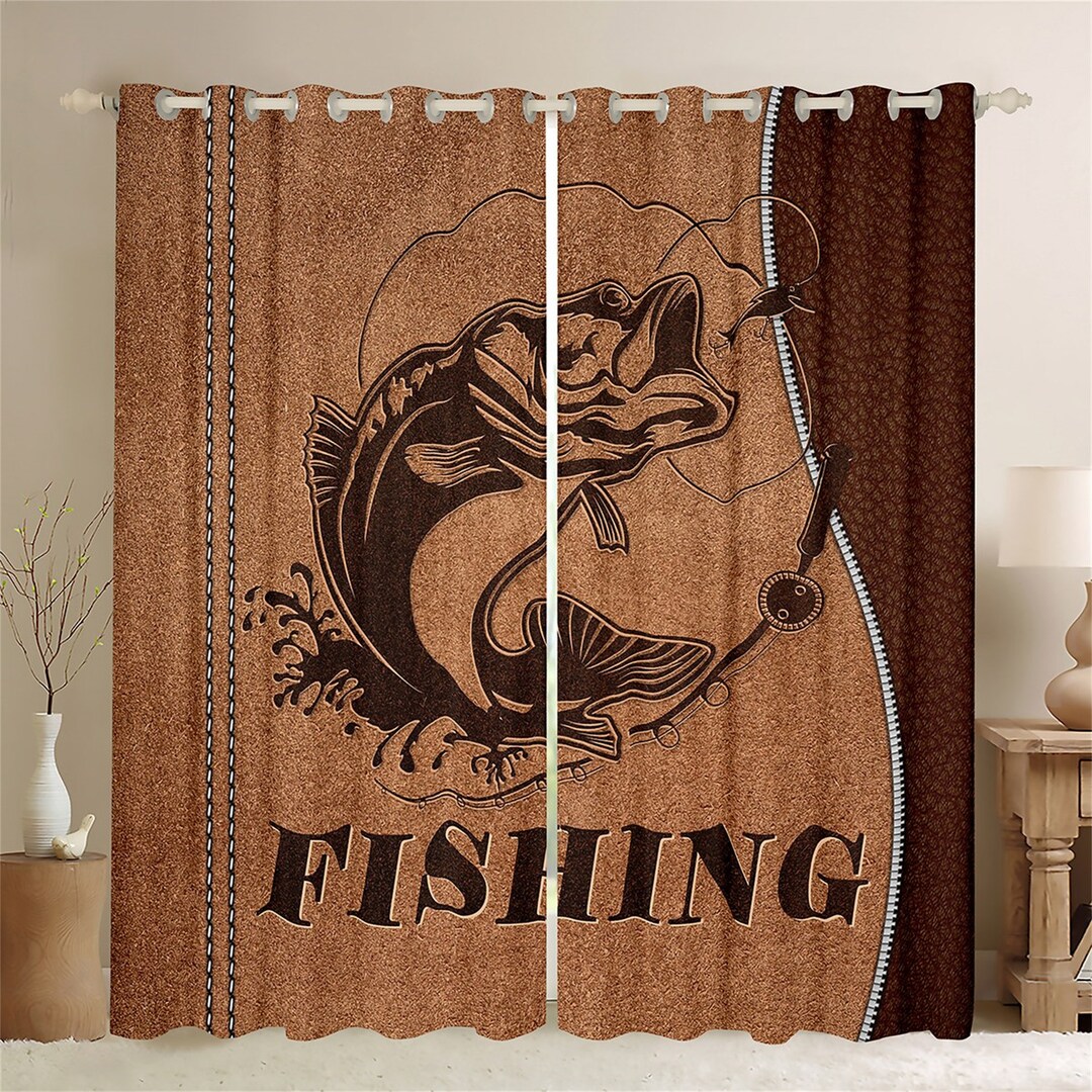 Go Fishing Nautical Theme Window Curtains, Lake House Boating Rustic