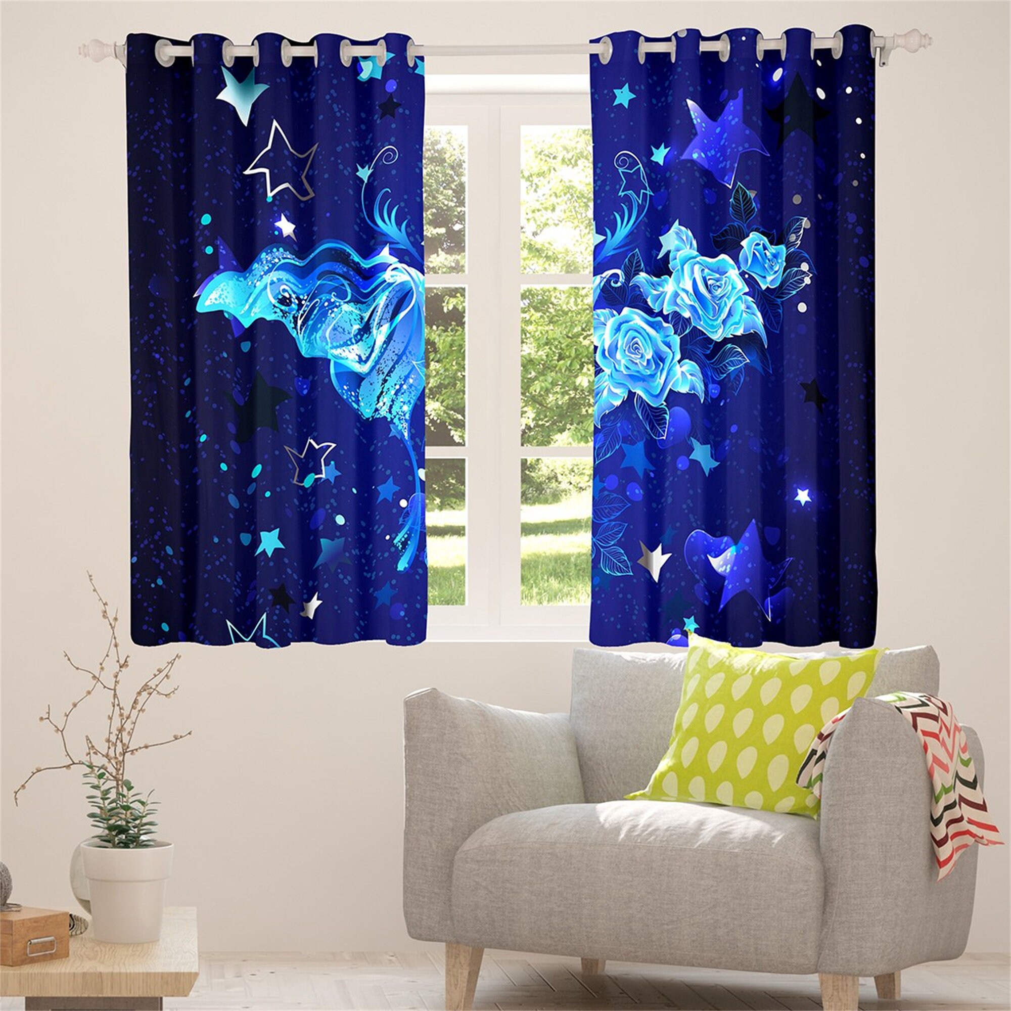 Blue Butterfly Glitter Window Curtains Starry Galaxy Gradient Etsy