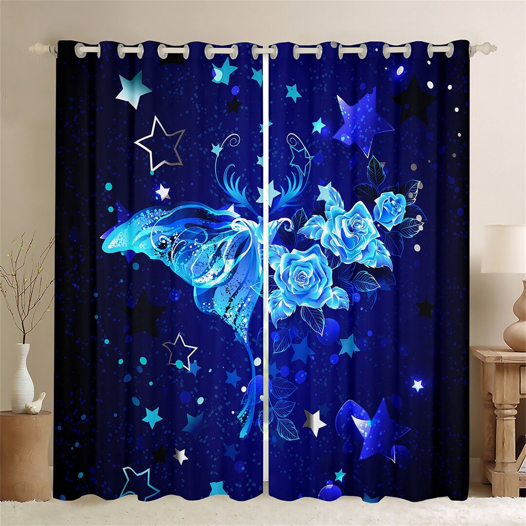Blue Butterfly Glitter Window Curtains, Starry Galaxy Gradient Dreamy