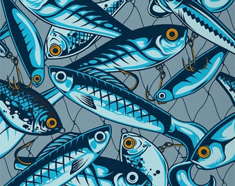 Cartoon Fish Polyester Fabric by The Yard, Ocean Animal Watercolor Blue Upholstery Fabric for Sewing, Fishing Net Fish Hook Fabric, Handmade