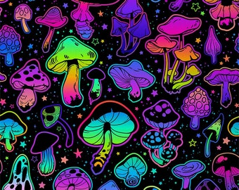 Mushroom Polyester Fabric by The Yard, Neon Rainbow Botanical Plant Fabric for Sewing, Colorful Starry Galaxy Psychedelic Fabric , Handmade