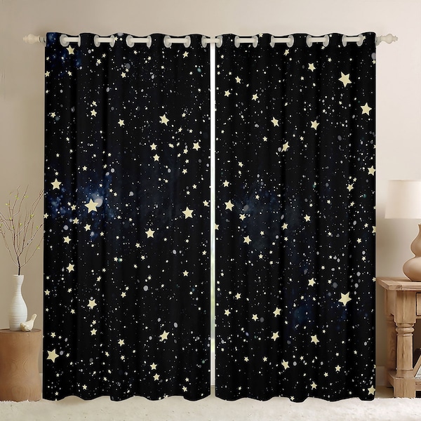 Starry Galaxy Window Drapes, Romantic Shining Sky Sequin Glitter Window Curtains, Mystic Universe Dreamy Curtain Set, Handmade