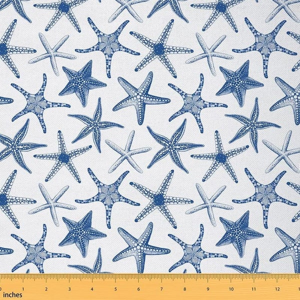 Starfish Beach Fabric by The Yard, Ocean Marine Life Polyester Fabric, Coastal Seaside Creatures Blue White Fabric for Upholstery, Handmade