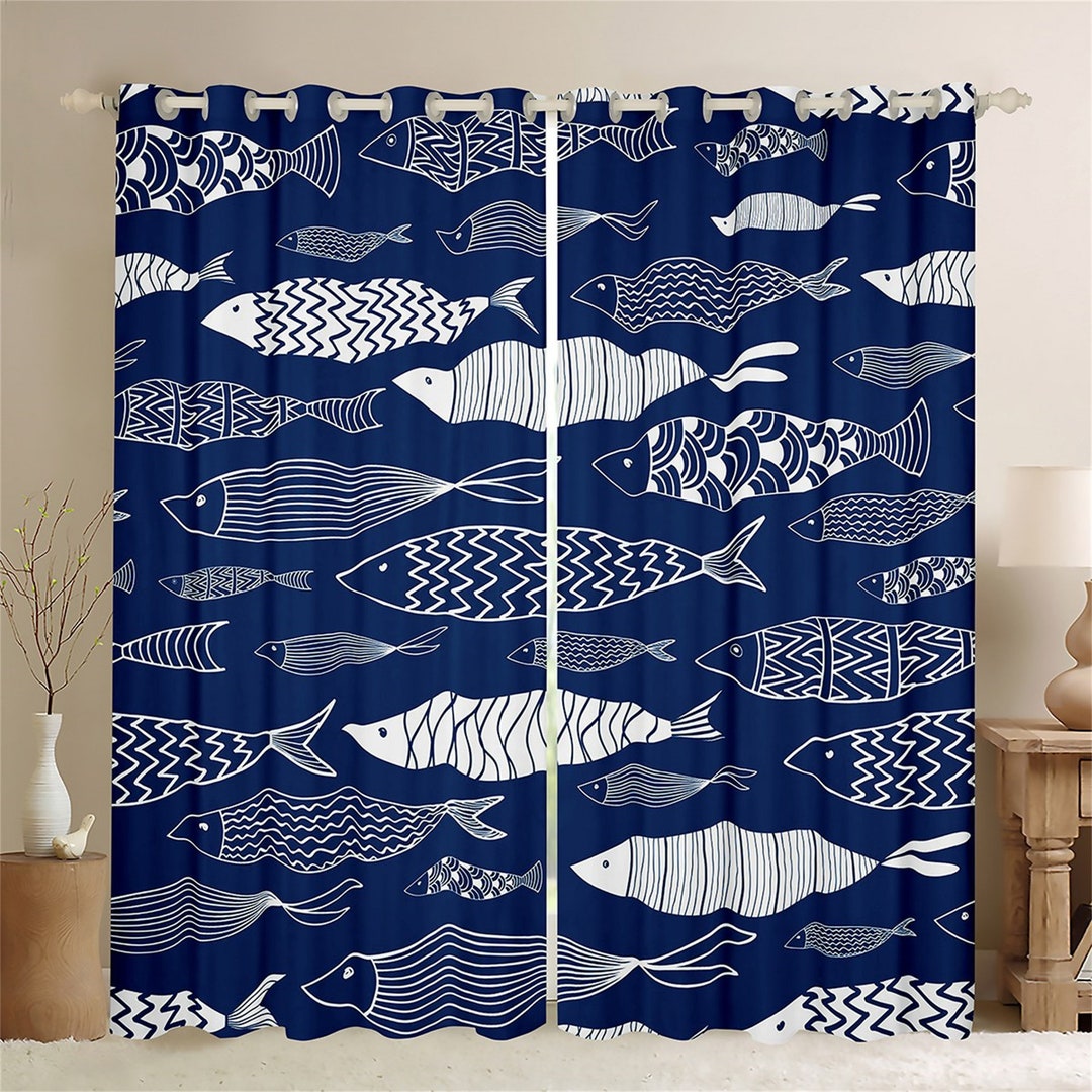 Cartoon Fish Window Curtains, Ocean Animal Silhouettes Graffiti Window