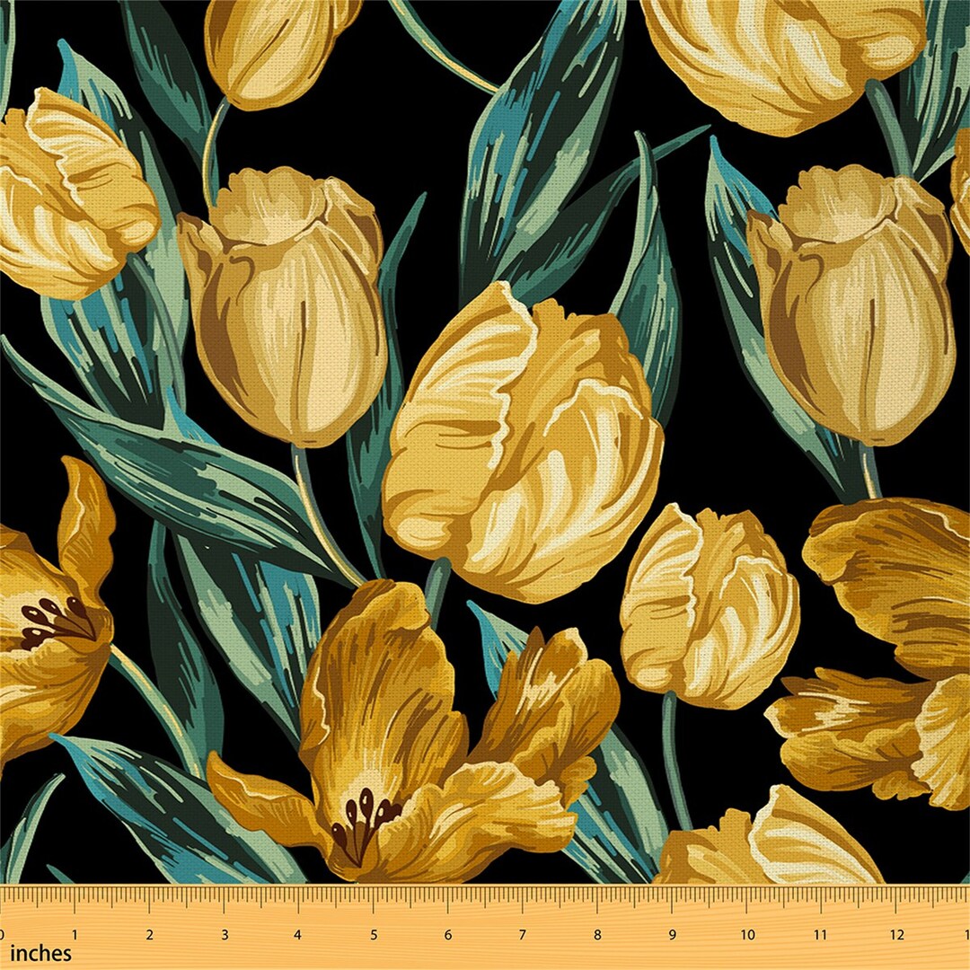 Yellow Tulip Handmade Fabric by the Yard, Garden Botanical Plant Flower