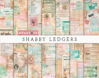 Printable Shabby Collage Ledger Paper, Shabby Ledger Paper, Digital Scrapbook Papers, Printable Journal Ledger Pages, Shabby Ledger Papers